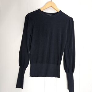 Ann Taylor Rib Knit Crewneck Sweater Puff Sleeves Black Feminine Chic XS